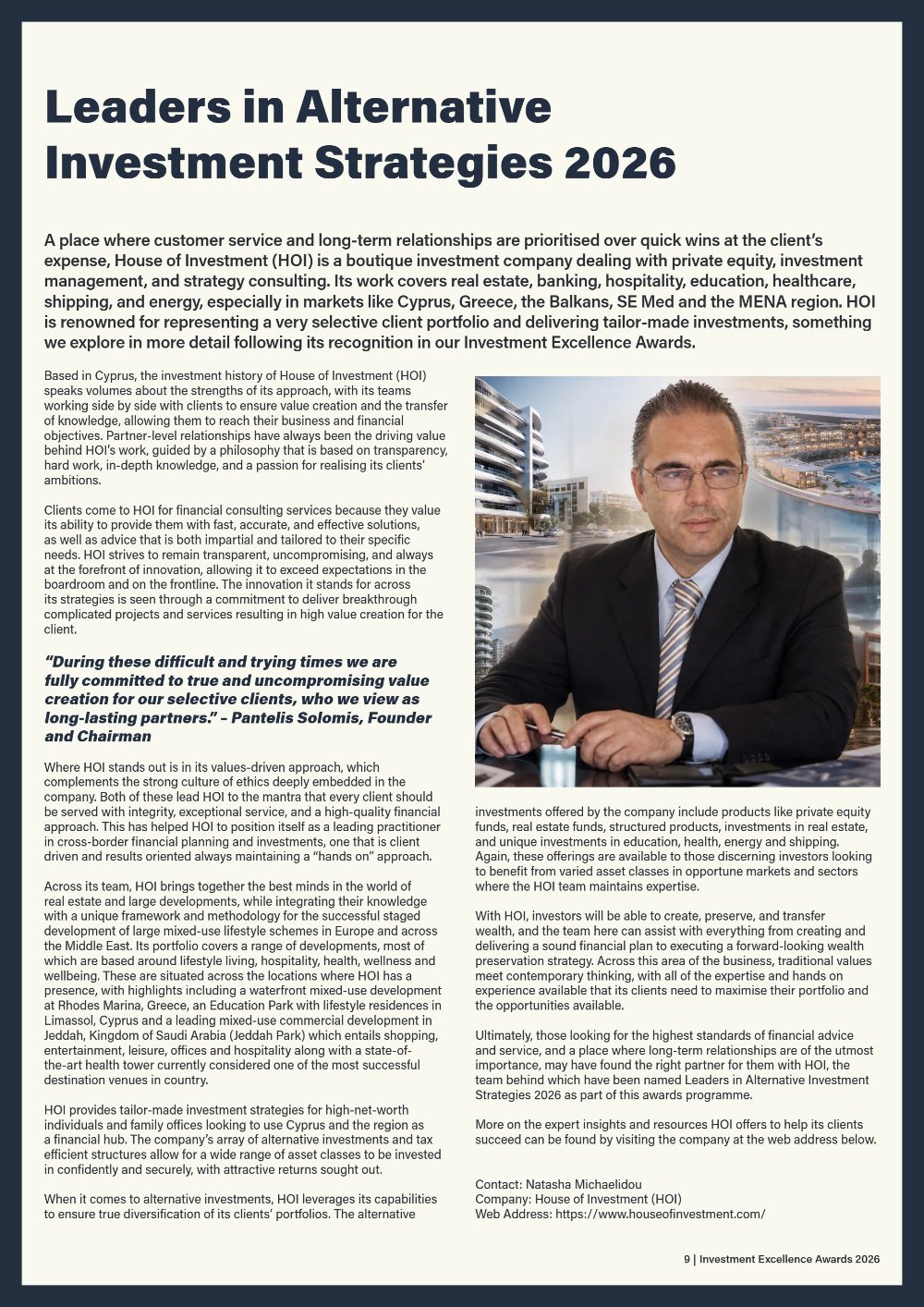 Wealth & Finance International feature on House of Investment, Investment Excellence Awards 2026, page 9